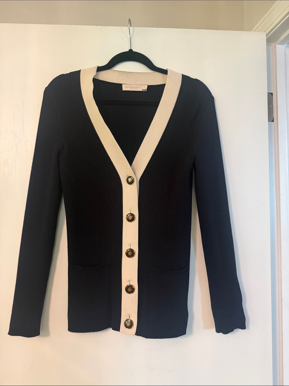 Tory Burch Black Ribbed Cardigan with Cream Trim